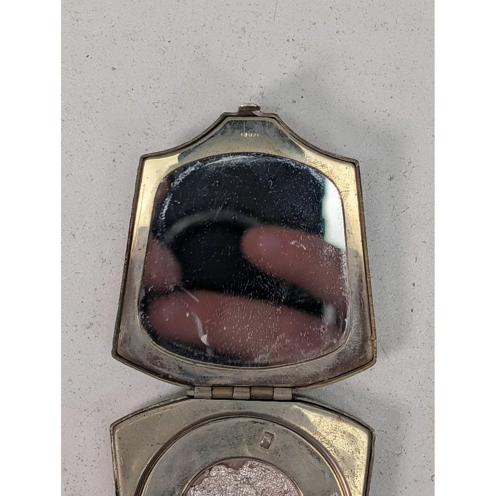 Vintage Silver Tone Compact Mirror Powder Case Chain Finger Ring Floral Enamel